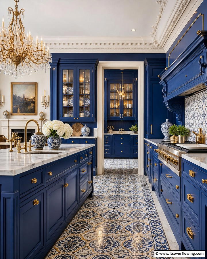 Royal Blue Cabinets with Antique Gold Pulls - 25 Blue Kitchen Cabinets With Gold Hardware for a Luxe Look