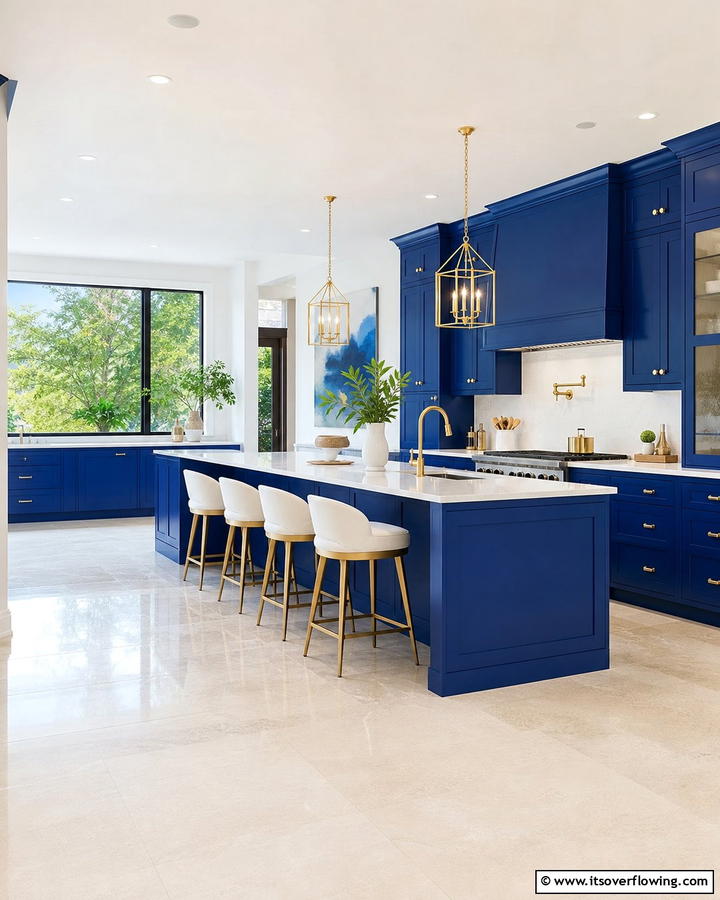 Royal Blue Cabinets with Matte Gold Knobs - 25 Blue Kitchen Cabinets With Gold Hardware for a Luxe Look