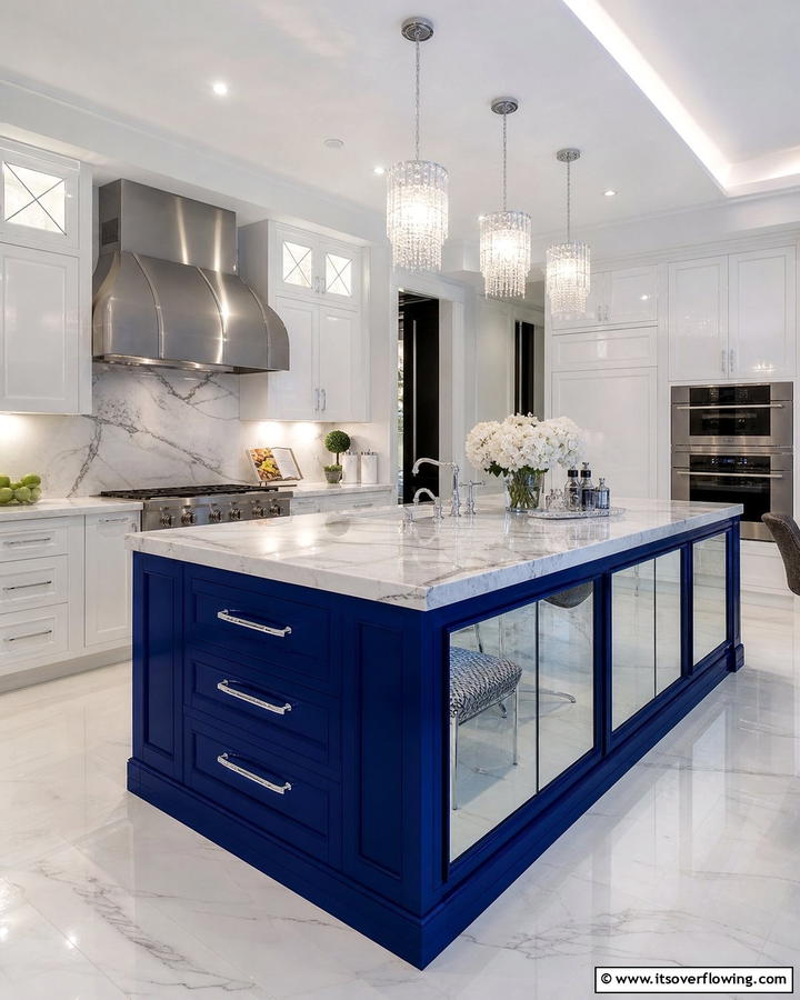 Royal Blue Island with Mirrored Panels - 25 Blue Kitchen Island Ideas for a Fresh Look