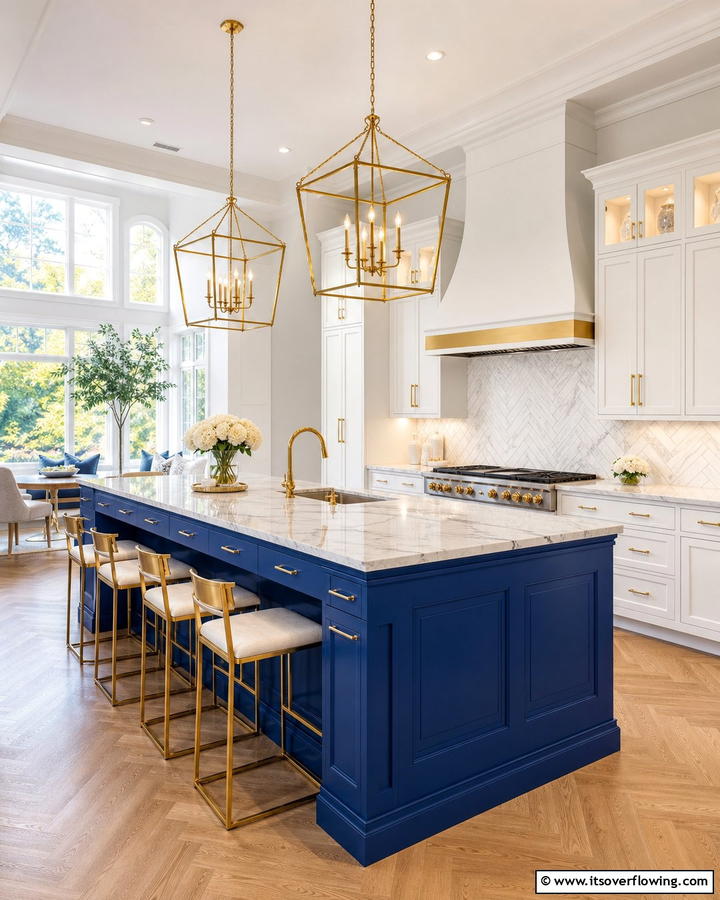 Royal Blue Islands with Gold Fixtures - 25 Blue Kitchen Island Ideas for a Fresh Look