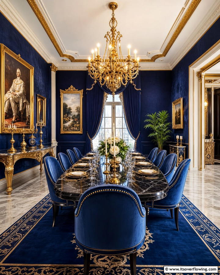Royal Blue Luxe - 21 Blue Dining Room Ideas for Calm Entertaining Spaces
