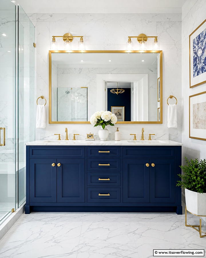 Royal Blue Vanity with Gold Hardware - 25 Blue and Gold Bathroom Ideas for a Luxurious Retreat