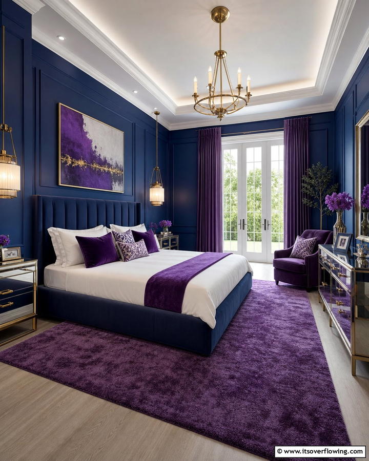 Royal Blue Walls with Purple Accents - 20 Blue and Purple Bedroom Ideas- Vibrant & Cozy Designs