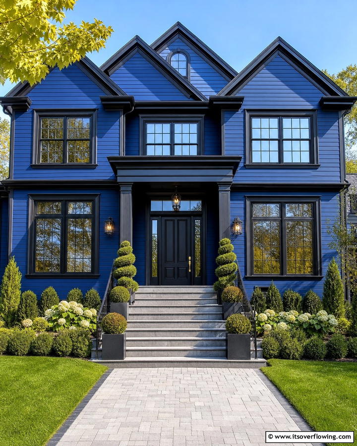 Royal Blue with Black Window Frames - 25 Blue House With Black Trim Ideas for a Striking Exterior