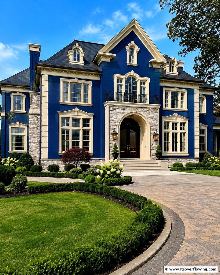 Royal Blue with Cream and Bronze Details - 30 Serene Blue Exterior House Paint Ideas for Curb Appeal