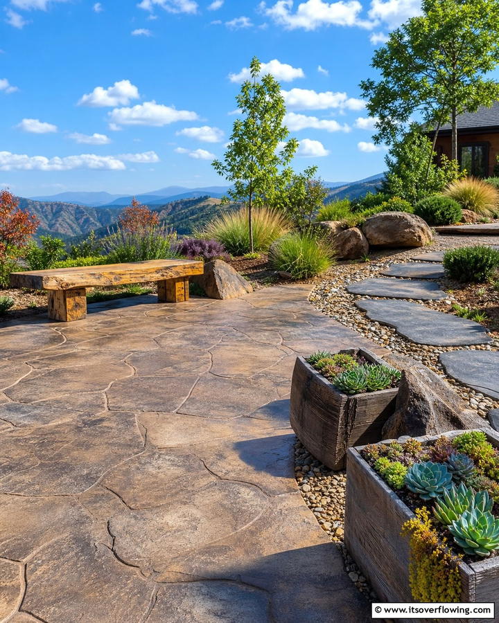 Rugged Natural Accents - 21 Stamped Concrete Patio Designs to Elevate Outdoor Spaces