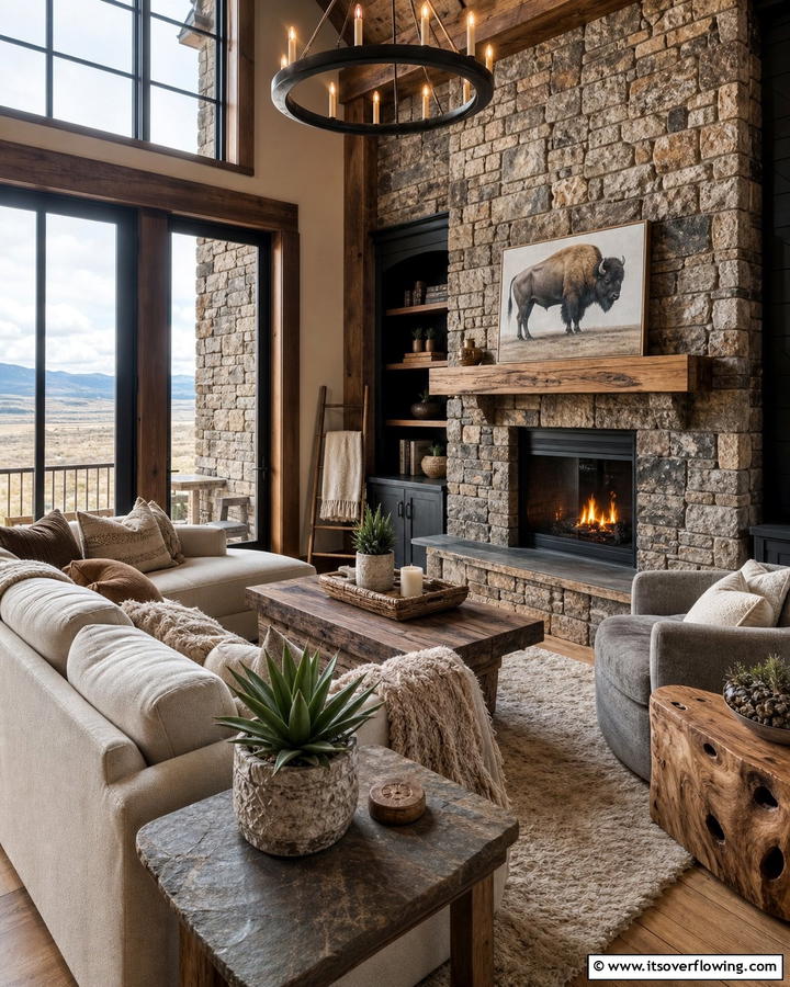 Rugged Stone Accents - 30 Western Living Room Ideas for Cozy Rustic Ambiance