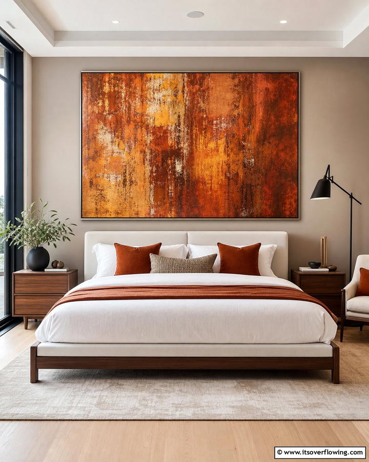 Rust Statement Artwork - 20 Rust Bedroom Ideas for a Cozy and Inviting Space
