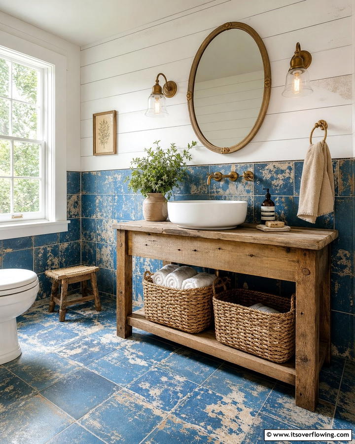 Rustic Appeal with Distressed Blue Tiles - 25 Stunning Blue Tile Bathroom Ideas for a Fresh Look