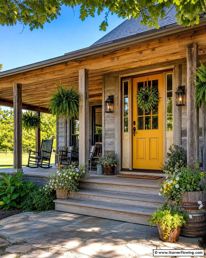Rustic Appeal with Wooden Elements - 20 Mustard Yellow Front Door Ideas for a Bold Entrance