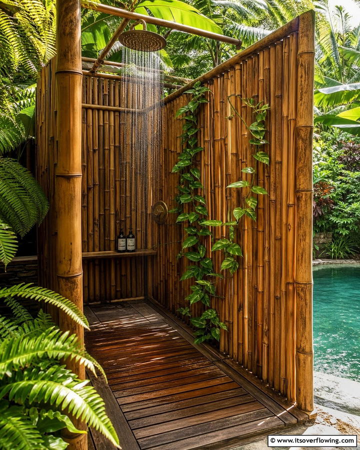 Rustic Bamboo Retreat - 21 Outdoor Shower Designs for Poolside Luxury & Functionality