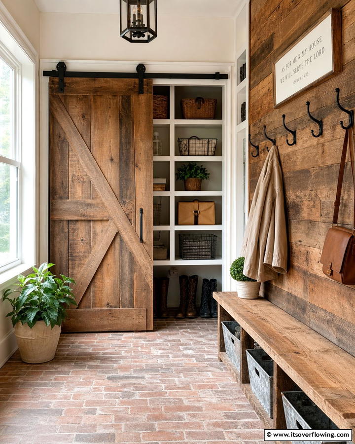 Rustic Barn Door Accent - 21 Mud Room Ideas for Organized & Stylish Entryways