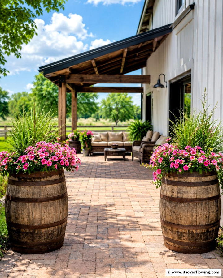Rustic Barrel Planters - 30 Farmhouse Patio Ideas for Rustic Outdoor Relaxation