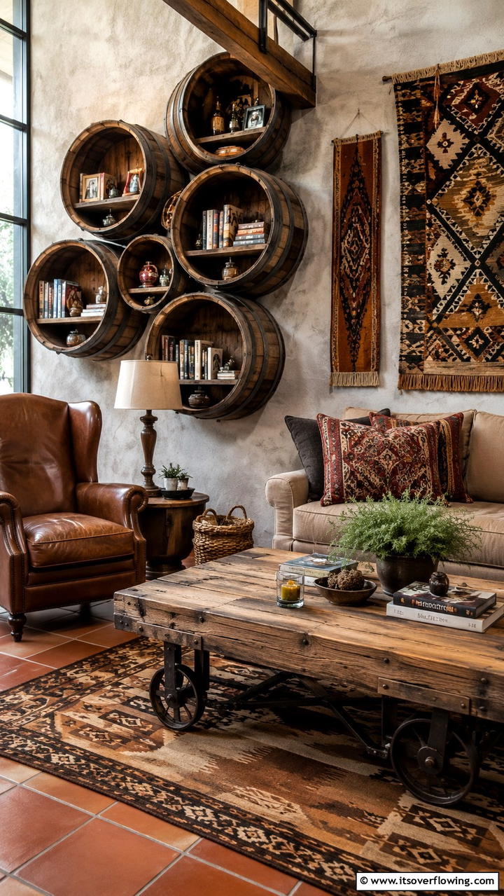 Rustic Barrel Shelves for Character - 30 Bookshelf Organization Ideas for Stylish Order