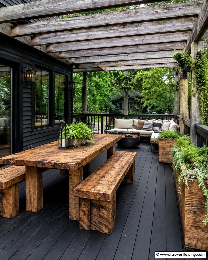 Rustic Black Deck with Wooden Accents - 25 Black Deck Ideas for a Bold Outdoor Statement