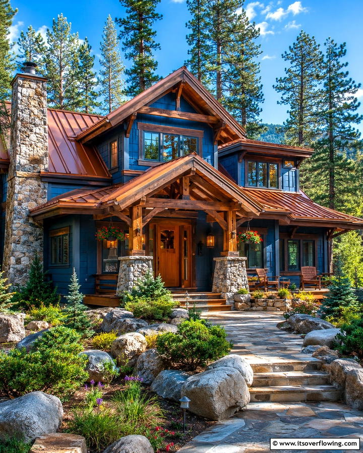 Rustic Blue Accents Charm - 30 Serene Blue Exterior House Colors to Boost Curb Appeal
