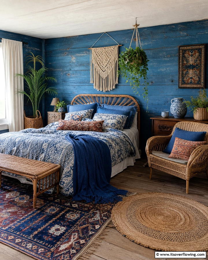 Rustic Blue Bohemian Vibe - 21 Serene Blue Bedroom Ideas for Calming Atmospheres