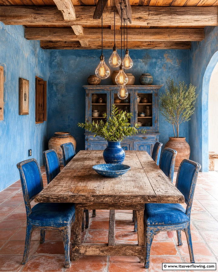 Rustic Blue Fusion - 21 Blue Dining Room Ideas for Calm Entertaining Spaces