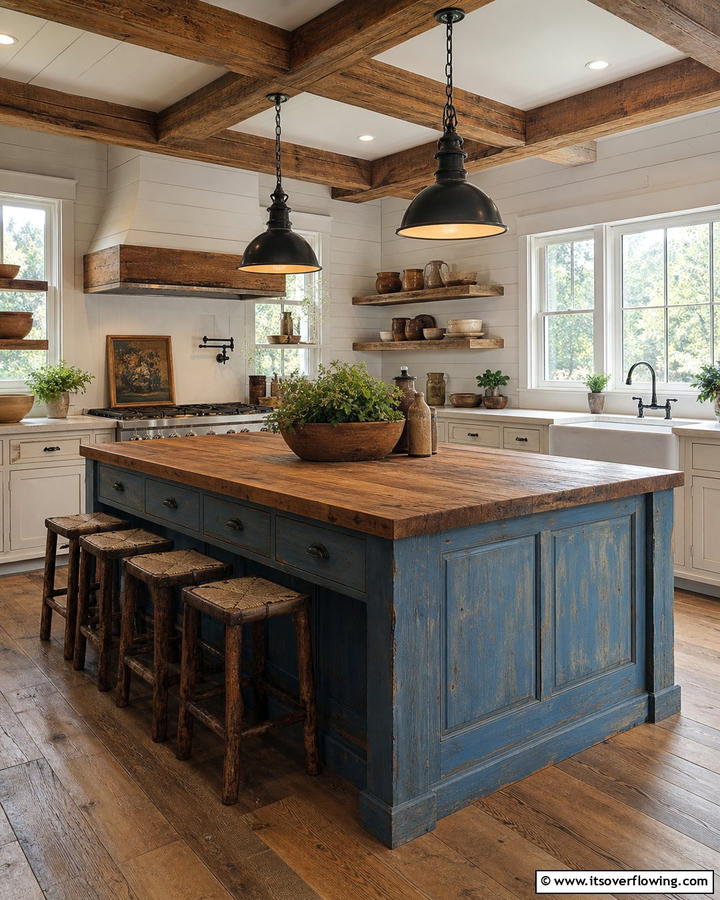 Rustic Blue Islands with Wooden Countertops - 25 Blue Kitchen Island Ideas for a Fresh Look