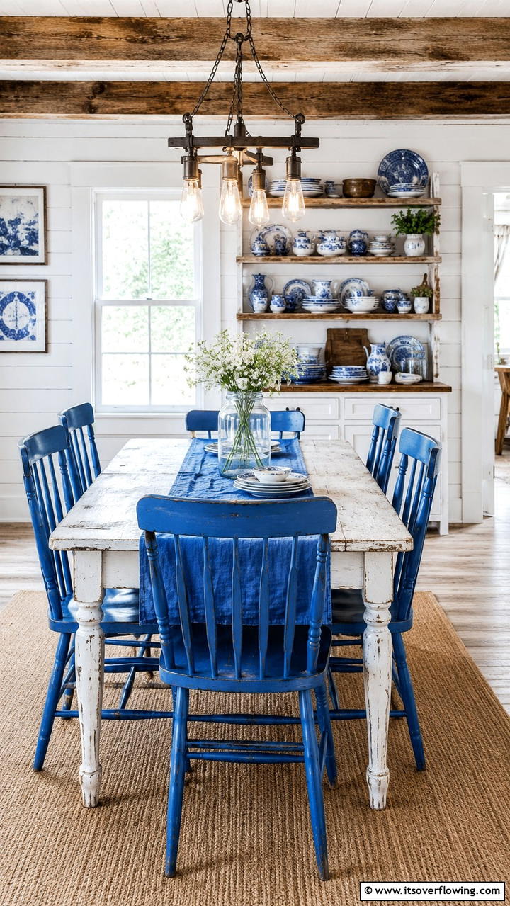 Rustic Blue and White Dining Area - 30 Blue and White Decor Ideas for a Fresh and Serene Home Style