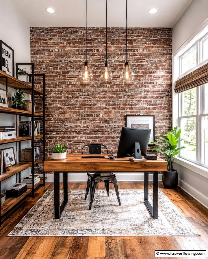 Rustic Brick Accents - 30 Office Wallpaper Ideas for a Productive Workspace