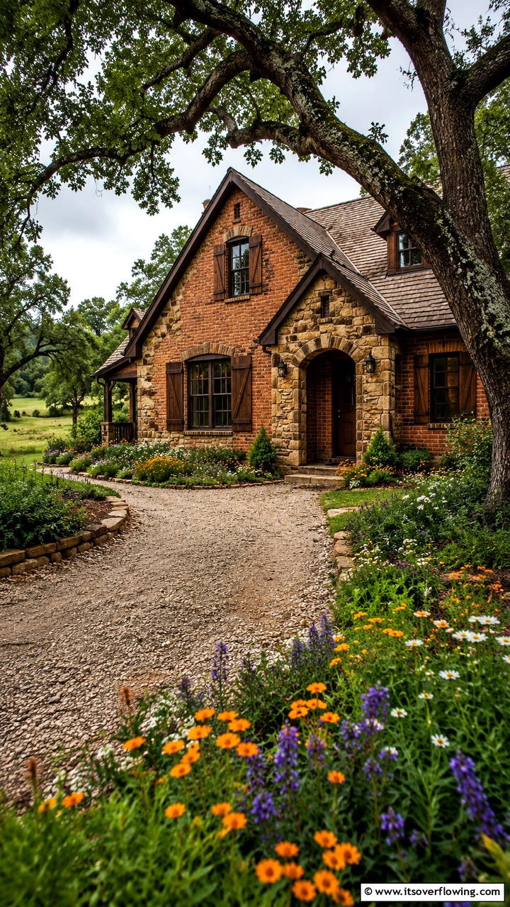 Rustic Brick Cottage with Stone Accents - 30 Brick Houses With Stone Accents- Exterior Design Inspiration