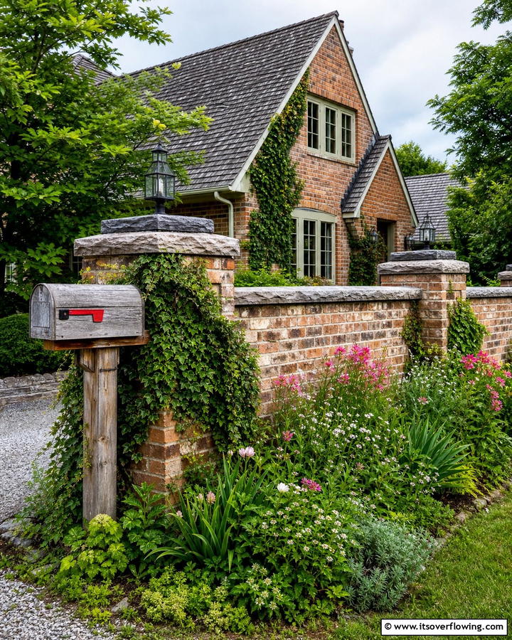 Rustic Brick Fence with Natural Stone Cap - 20 Front Yard Brick Fence Ideas for a Classic Look