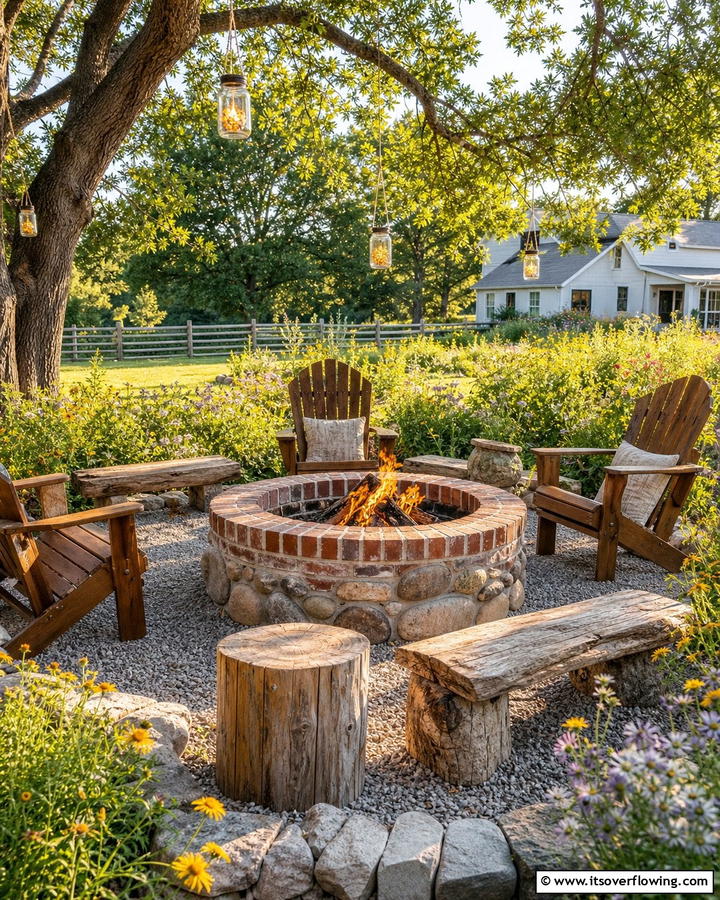 Rustic Brick Fire Pit with Natural Stone Accents - 25 Creative Brick Fire Pit Ideas for Your Backyard