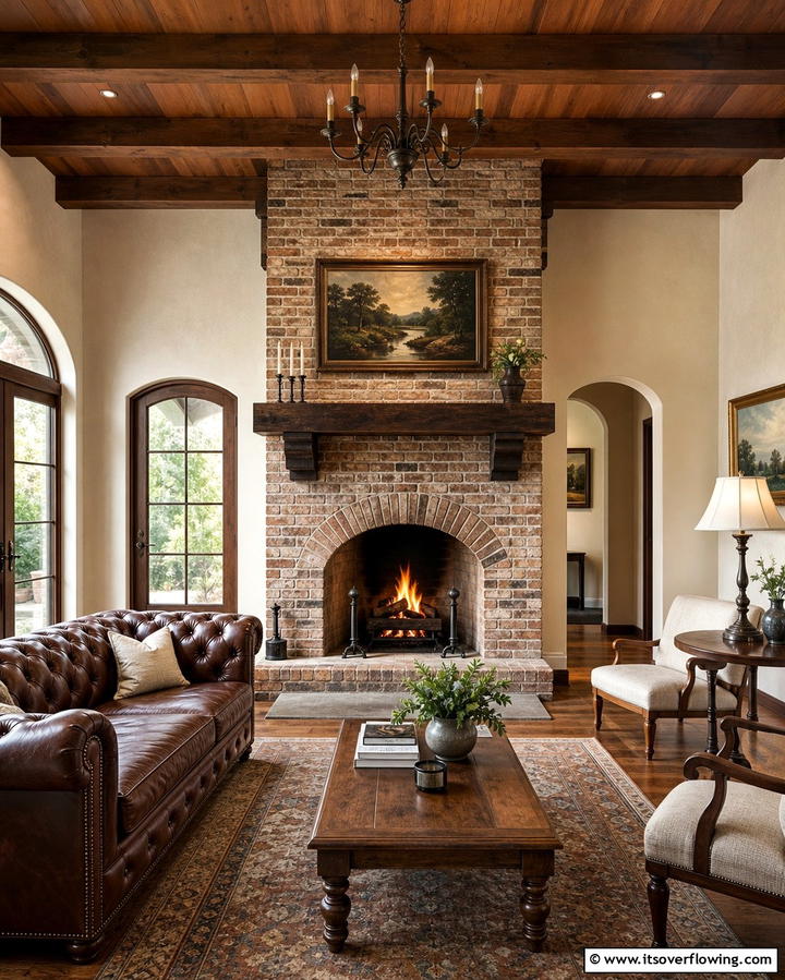 Rustic Brick Fireplace with Arched Opening - 25 Rustic Living Room Ideas with a Brick Fireplace