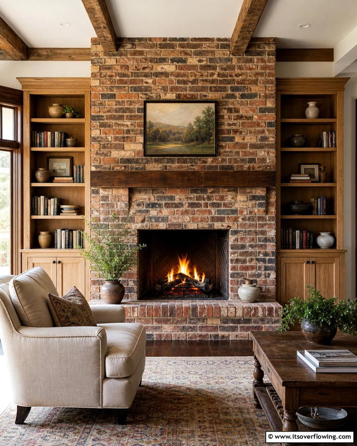 Rustic Brick Fireplace with Built In Bookshelves - 25 Rustic Living Room Ideas with a Brick Fireplace