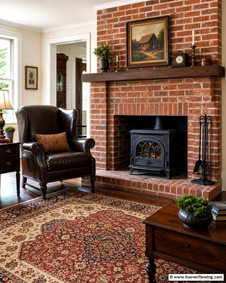 Rustic Brick Fireplace with Cast Iron Insert - 25 Rustic Living Room Ideas with a Brick Fireplace