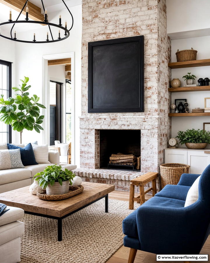Rustic Brick Fireplace with Chalkboard Above - 25 Rustic Living Room Ideas with a Brick Fireplace