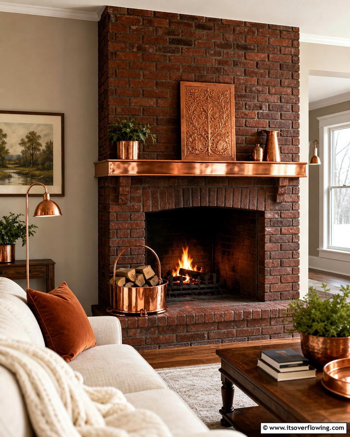 Rustic Brick Fireplace with Copper Accents - 25 Rustic Living Room Ideas with a Brick Fireplace