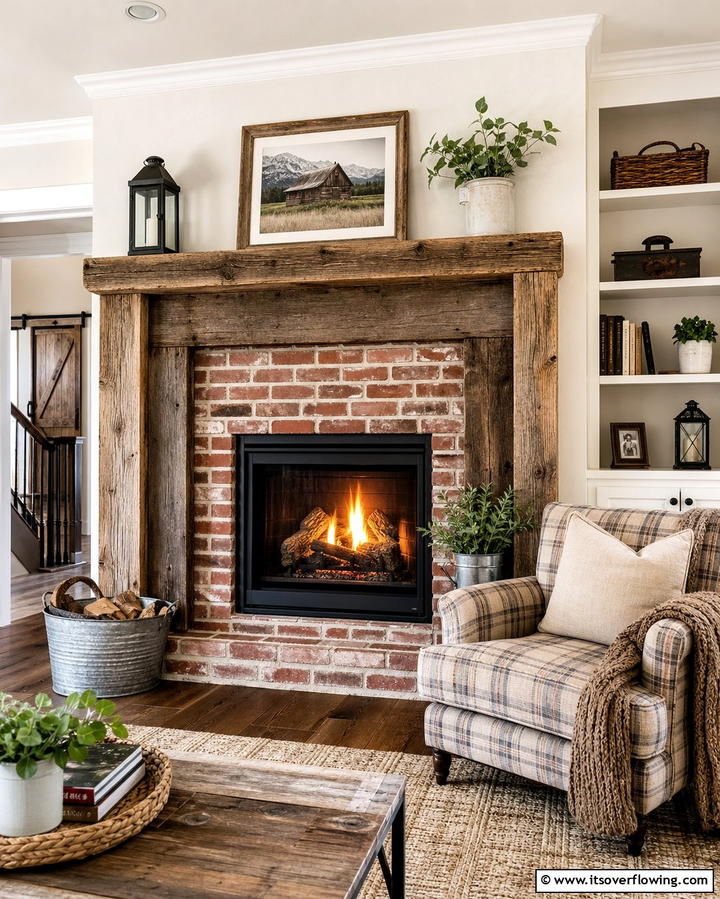 Rustic Brick Fireplace with Reclaimed Wood Surround - 25 Rustic Living Room Ideas with a Brick Fireplace