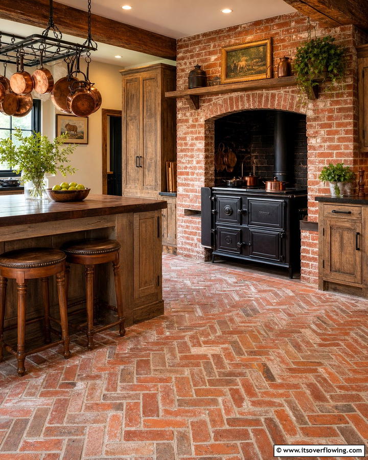 Rustic Brick Flooring - 25 Kitchen Flooring Ideas for Durability and Style