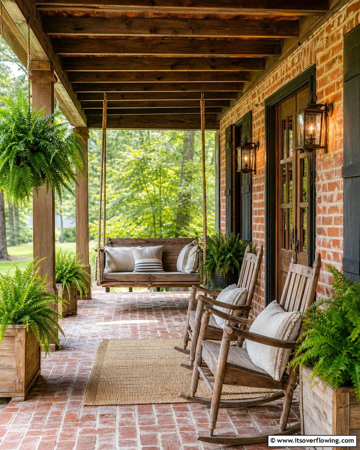 Rustic Brick Porch with Wooden Accents - 25 Brick Porch Ideas for a Charming Entrance
