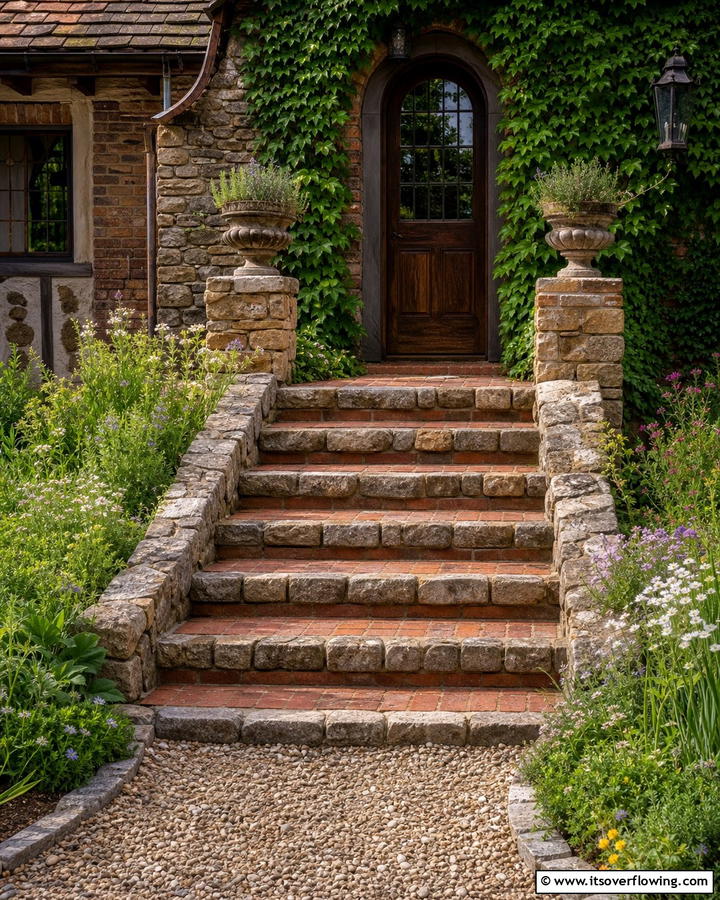 Rustic Brick Steps with Natural Stone Accents - 25 Brick Front Steps Design Ideas for Curb Appeal