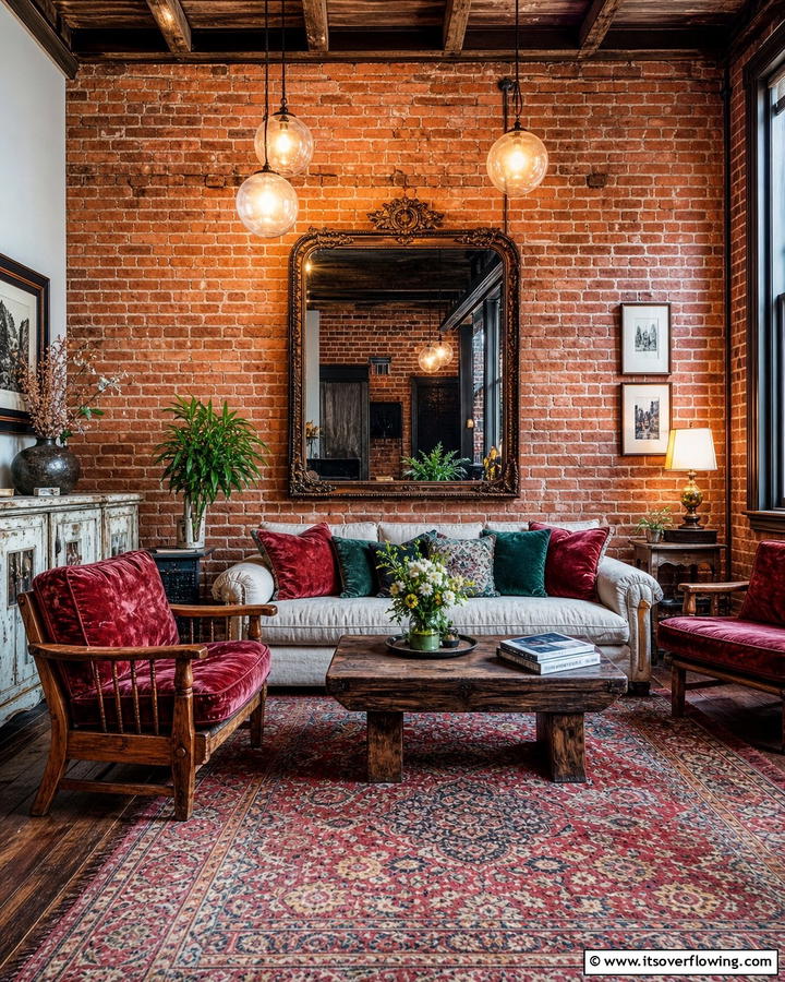 Rustic Brick with Vintage Decor - 25 Brick Wall Living Room Ideas for a Cozy Feel