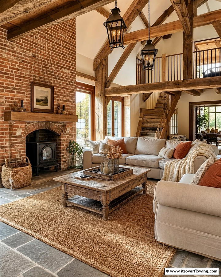 Rustic Brick with Wooden Beams - 25 Brick Wall Living Room Ideas for a Cozy Feel