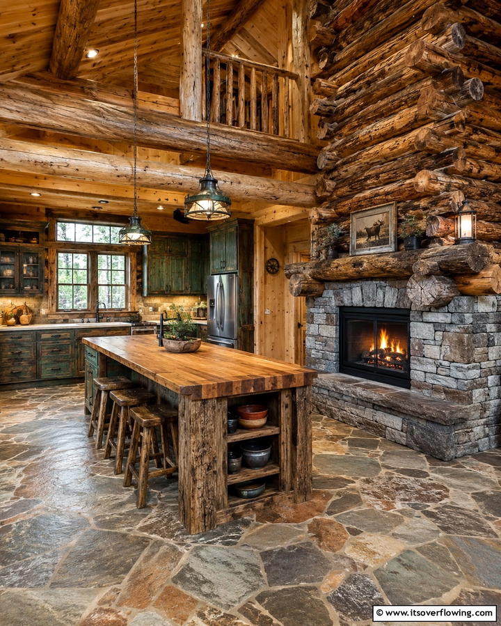 Rustic Cabin Kitchen with a Log Fireplace - 25 Kitchens With Fireplaces for a Unique Cooking Space