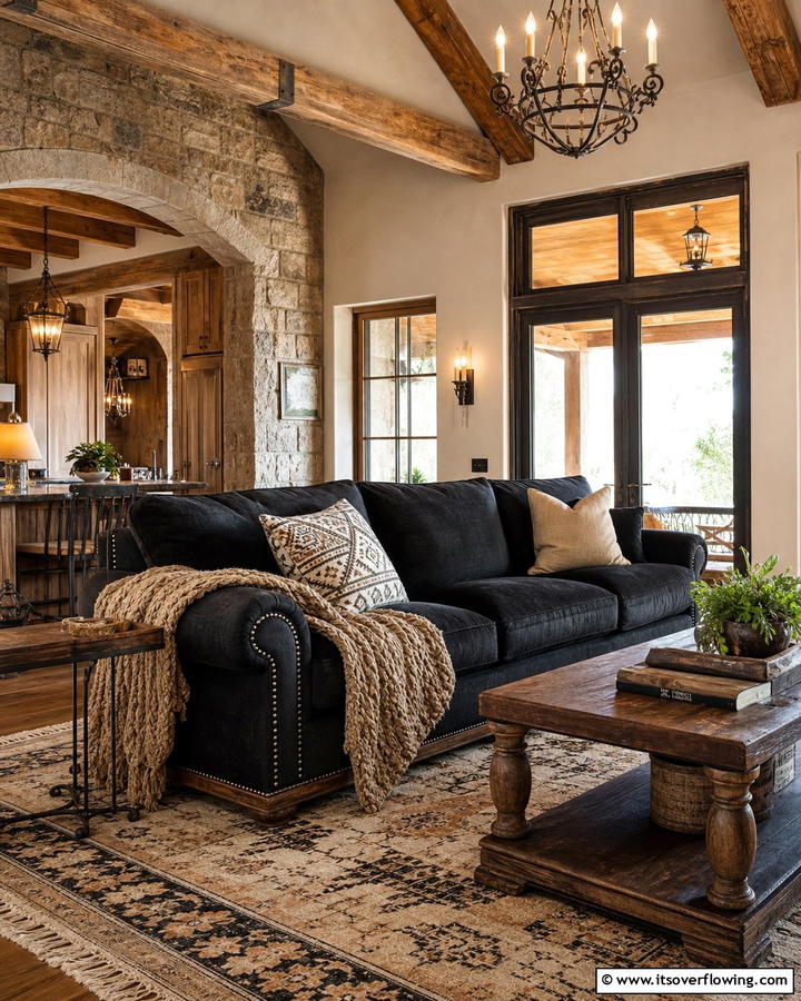 Rustic Charm - 21 Living Room Ideas With Black Couches- Modern Style