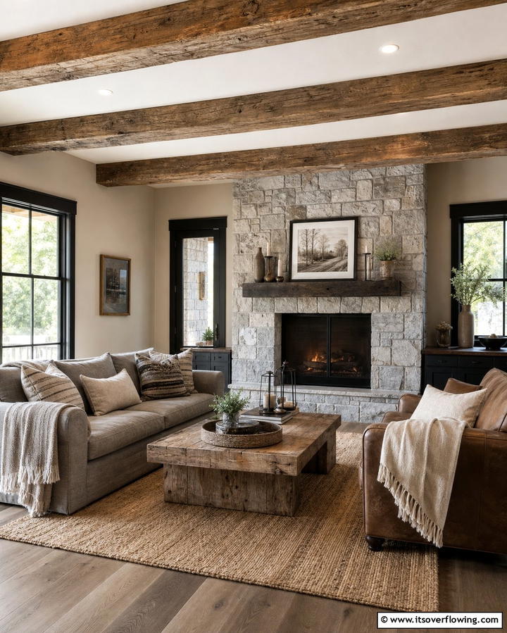 Rustic Charm - 25 Living Room With Grey Walls and Black Trim Ideas