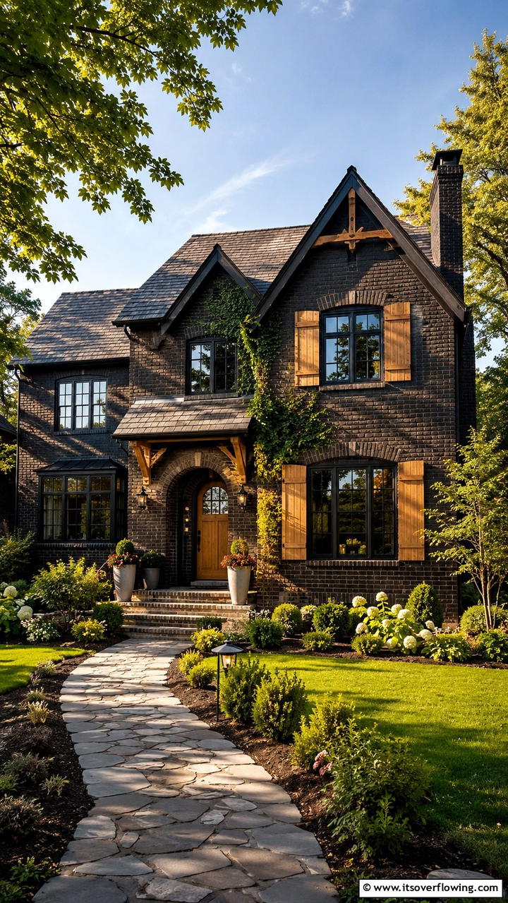 Rustic Charm Black Brick Exterior - 30 Black Brick House Exteriors for Bold Curb Appeal