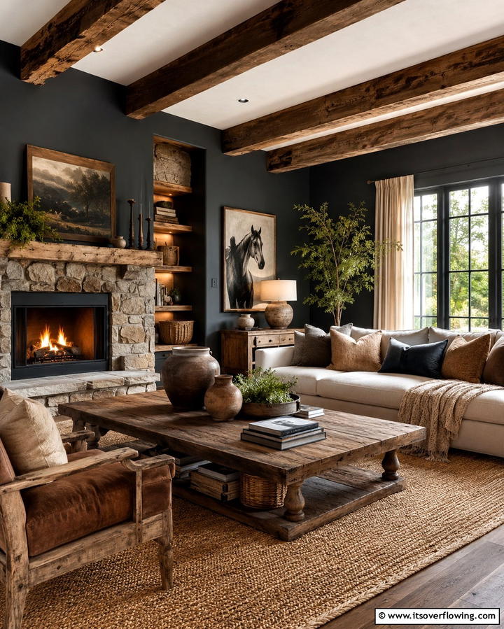 Rustic Charm Contrast - 30 Striking Contrasting Living Rooms Featuring Dark Grey Walls