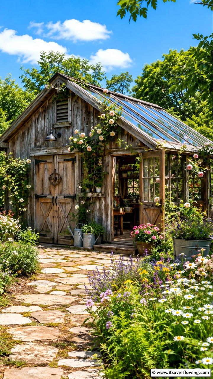 Rustic Charm Garden Retreat - 30 Greenhouse and Shed Combo Ideas- Space-Saving Designs