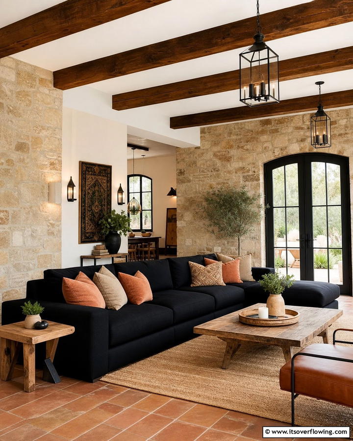 Rustic Charm Meets Black Modernity - 21 Chic Black Couch Living Room Styling Inspirations