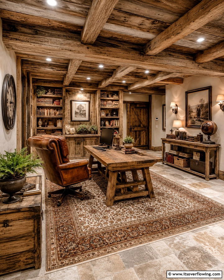 Rustic Charm Office Retreat - 30 Basement Office Ideas for Productive Below-Ground Workspaces
