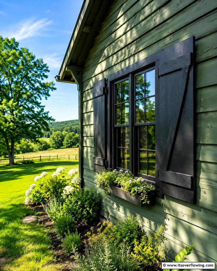 Rustic Charm with Black Window Frames - 25 Green House Exterior With Black Trim Ideas