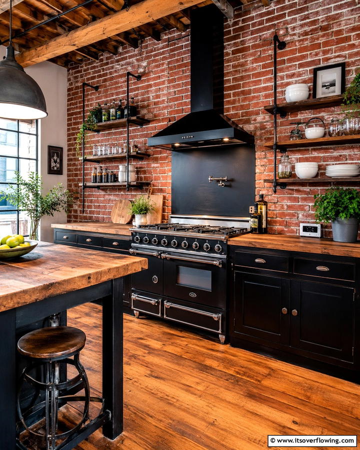 Rustic Charm with Brick Walls - 25 Kitchen With Black Appliances for a Sleek and Modern Look