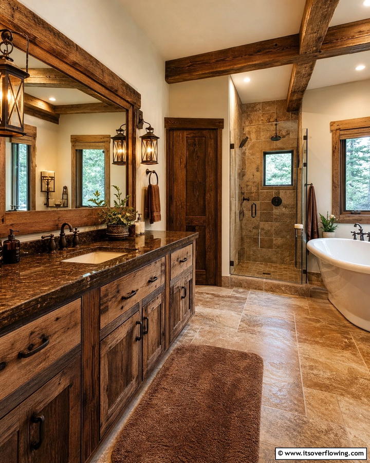 Rustic Charm with Brown Granite and Wooden Features - 20 Elegant Brown Granite Bathroom Ideas for a Luxurious Look